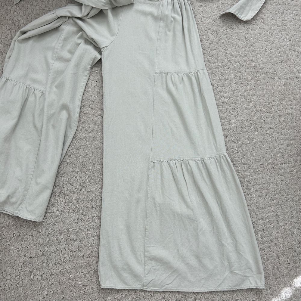 Happily Grey Pants XL Wide Leg Palazzo Tiered Tie Waist Linen Blend Oatmeal - Picture 5 of 11